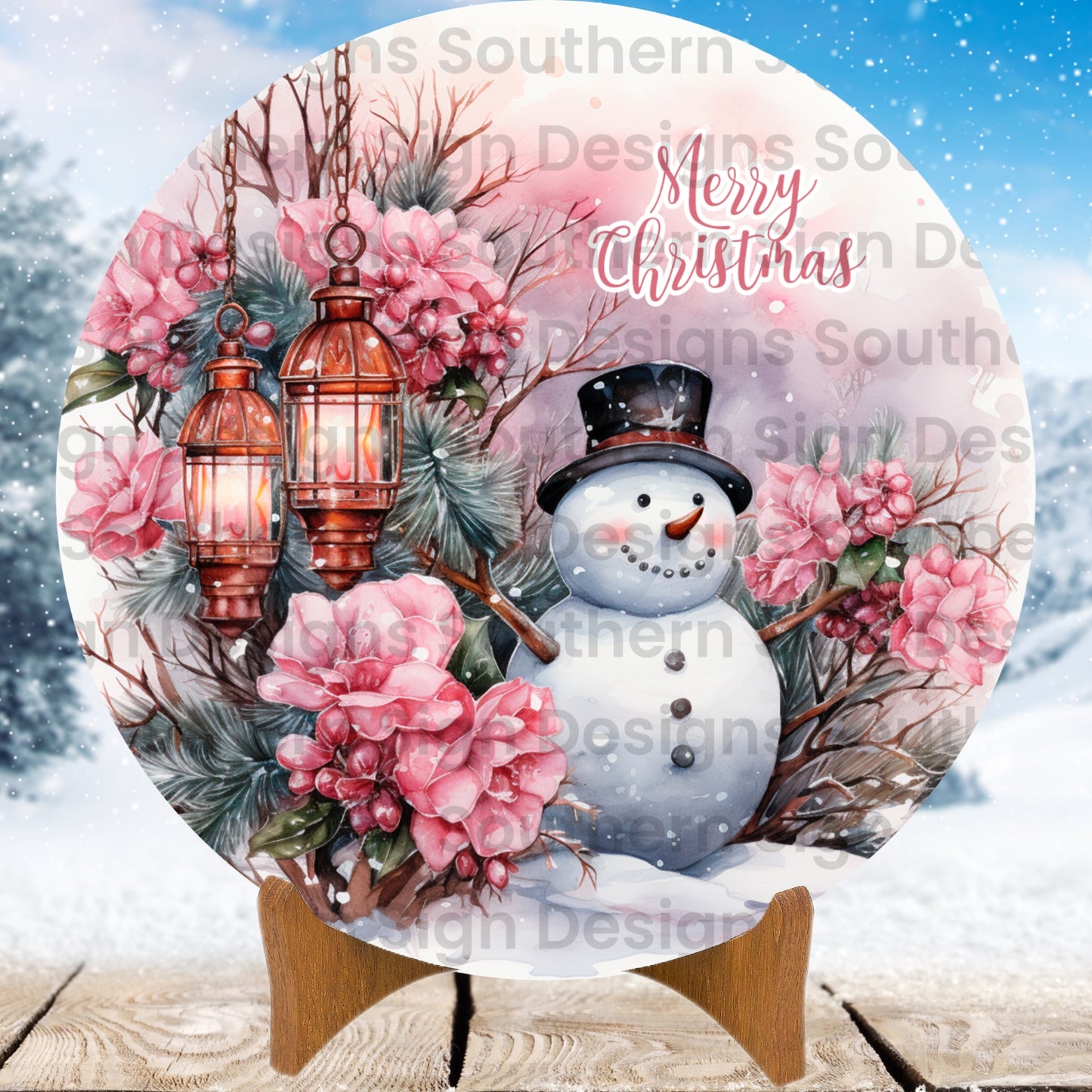 Snowman Pink Floral Merry Christmas Wreath Sign