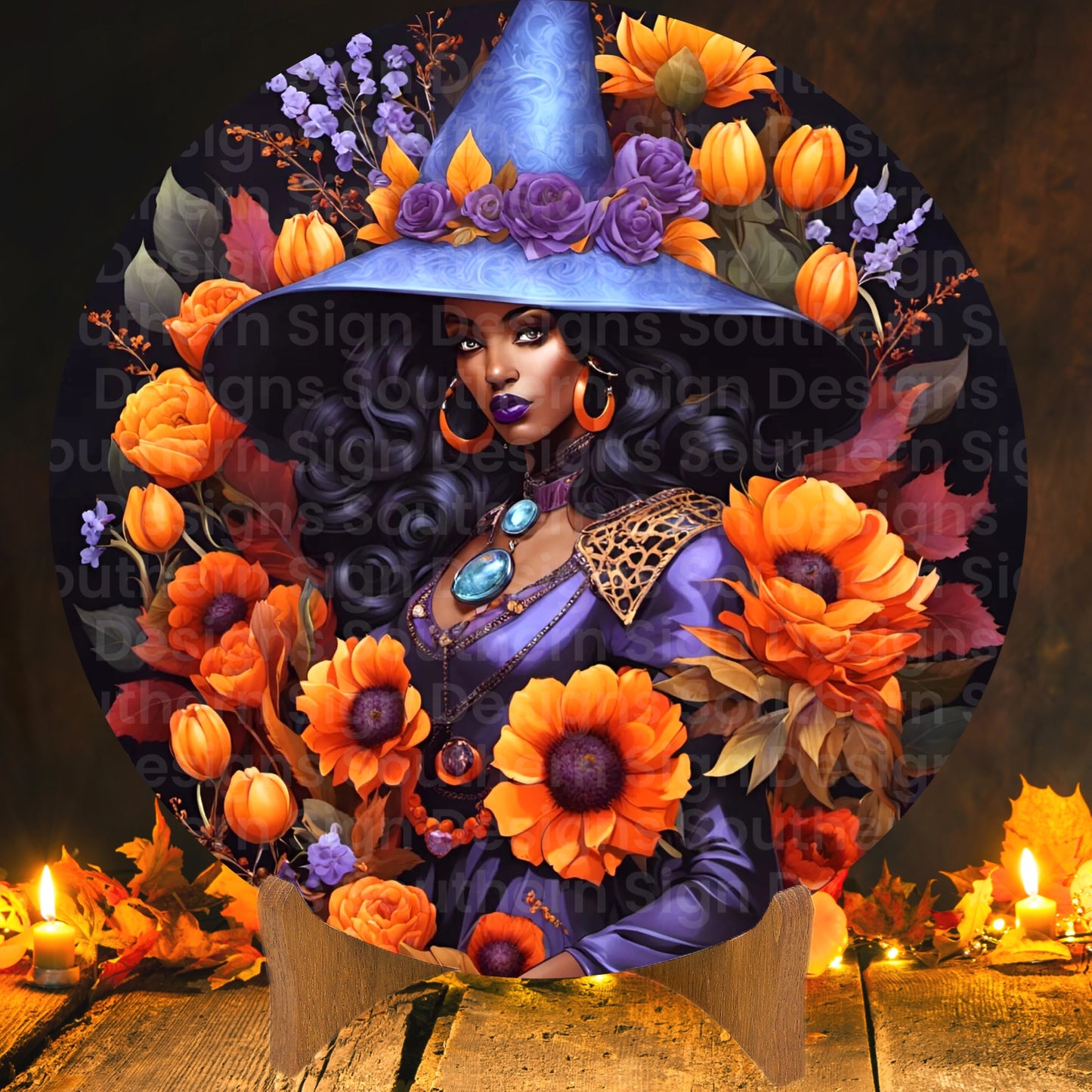 African American Purple Autumn Flower Witch Wreath Sign