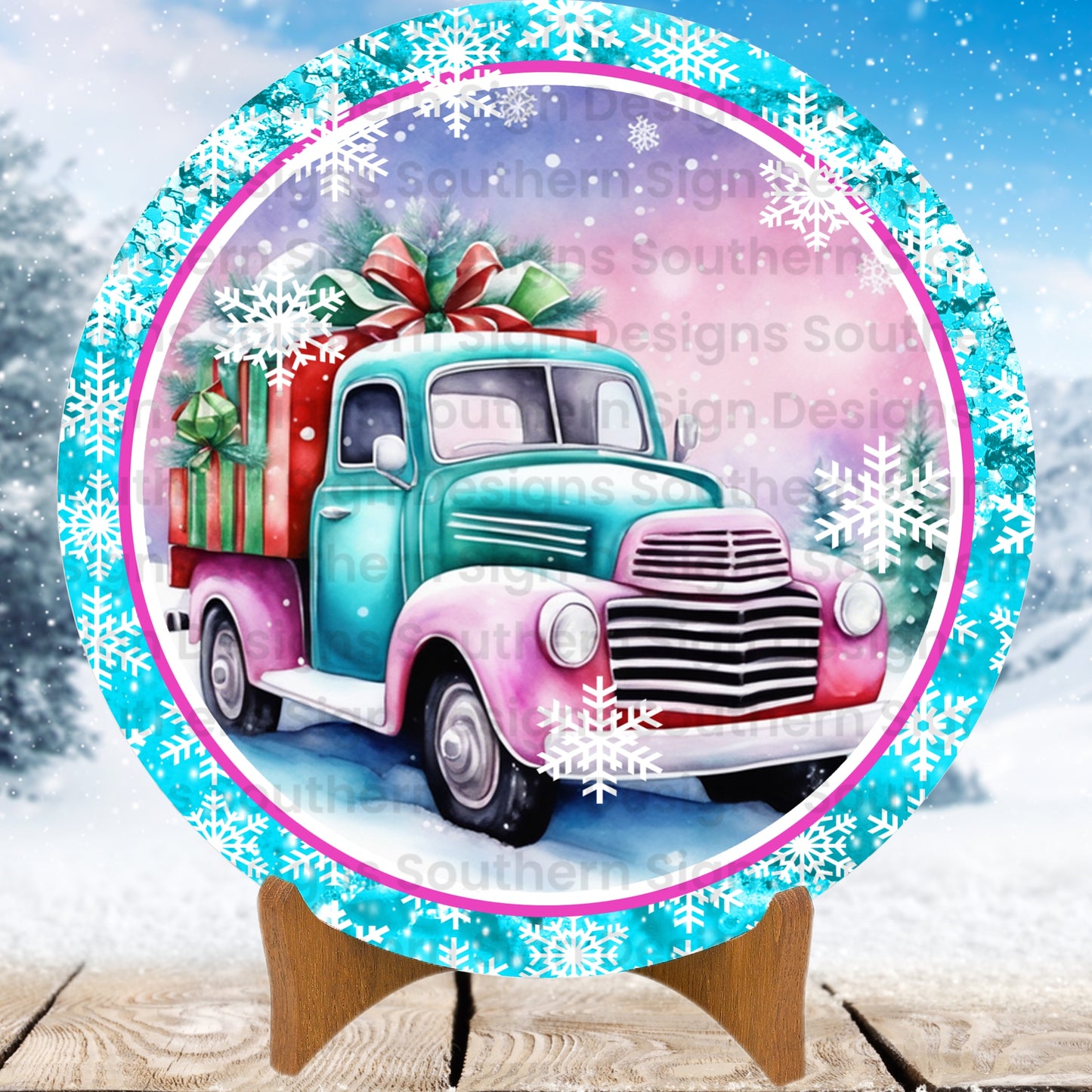 Pink and Blue Vintage Truck Christmas Wreath Sign