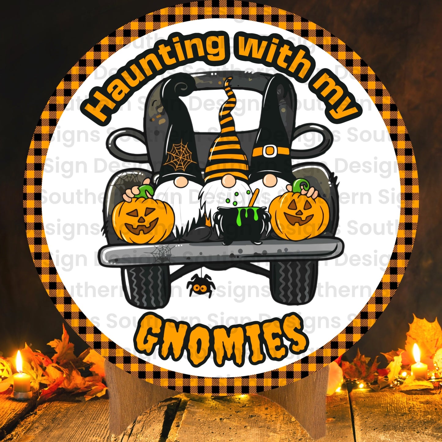 Vintage Truck with Gnomes Halloween Wreath Sign