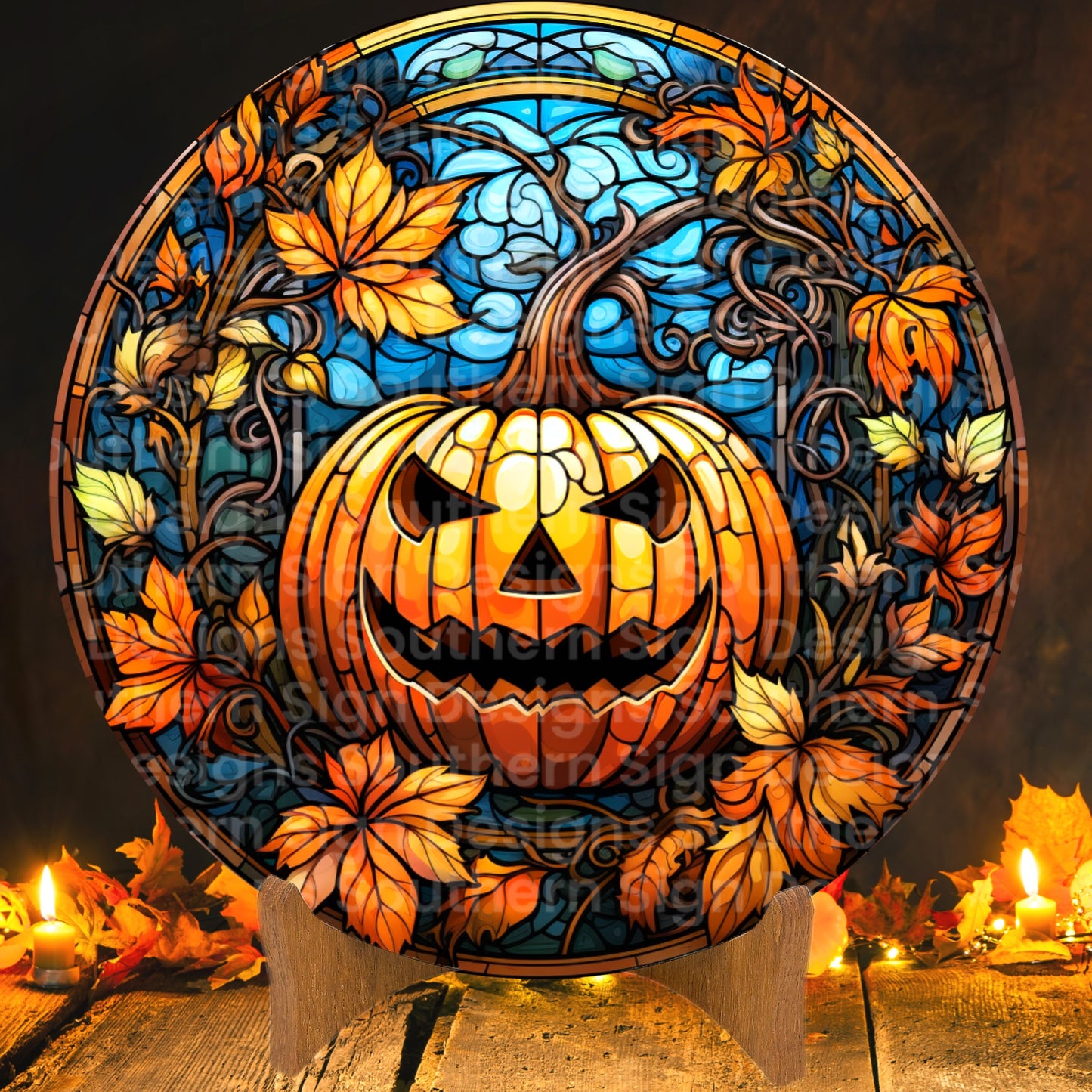 Stained Glass Jack O’ Lantern Halloween Wreath Sign