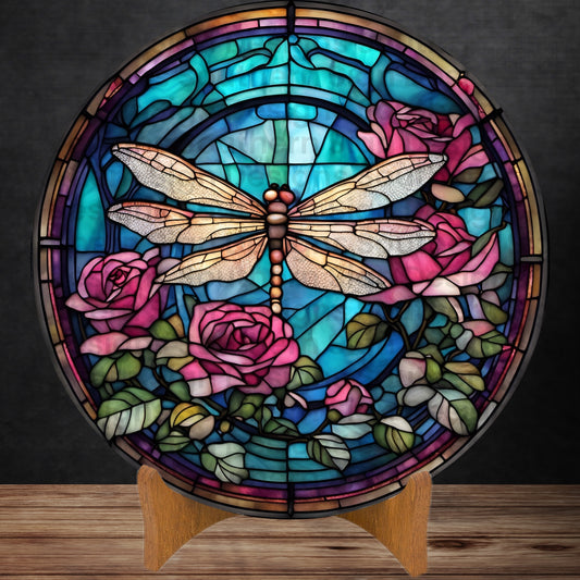 Pale Stained Glass Dragonfly and Pink Roses