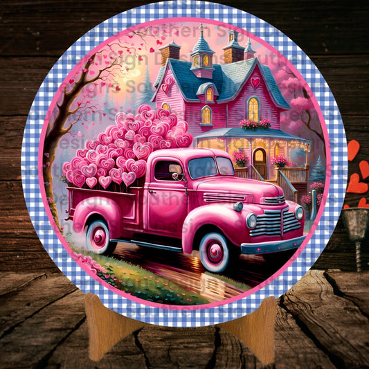 Load of Hearts Pink Vintage Truck Valentine Wreath Sign