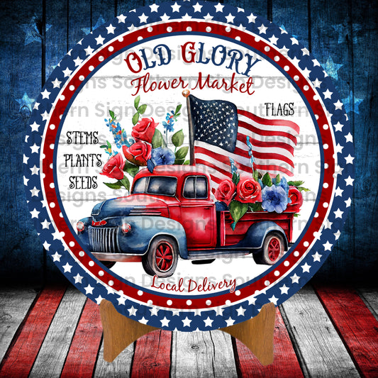 Old Glory Flower Market Vintage Truck 4th of July Wreath Sign