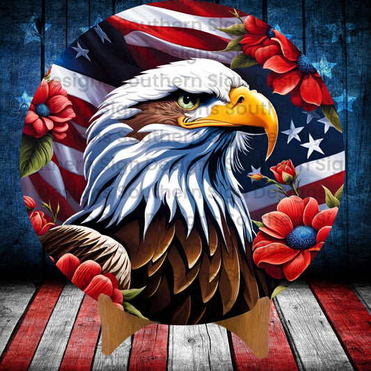 Patriotic Eagle Flowers and Flag 4th of July Wreath Sign