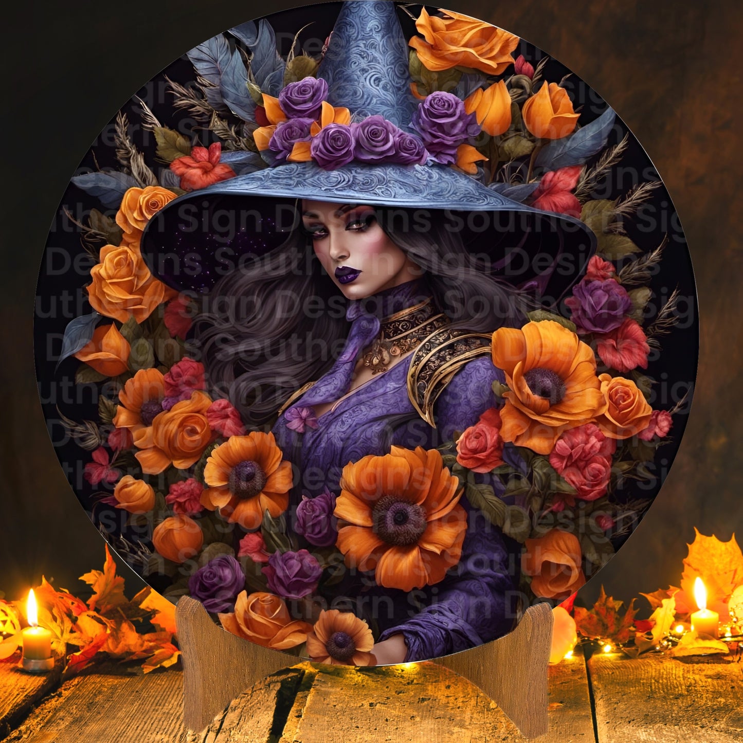 Caucasian Purple Autumn Flower Witch Wreath Sign