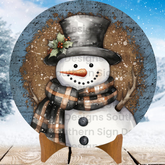 Black and Orange Plaid Scarf Snowman with Blue Rustic Frame Winter Wreath Frame