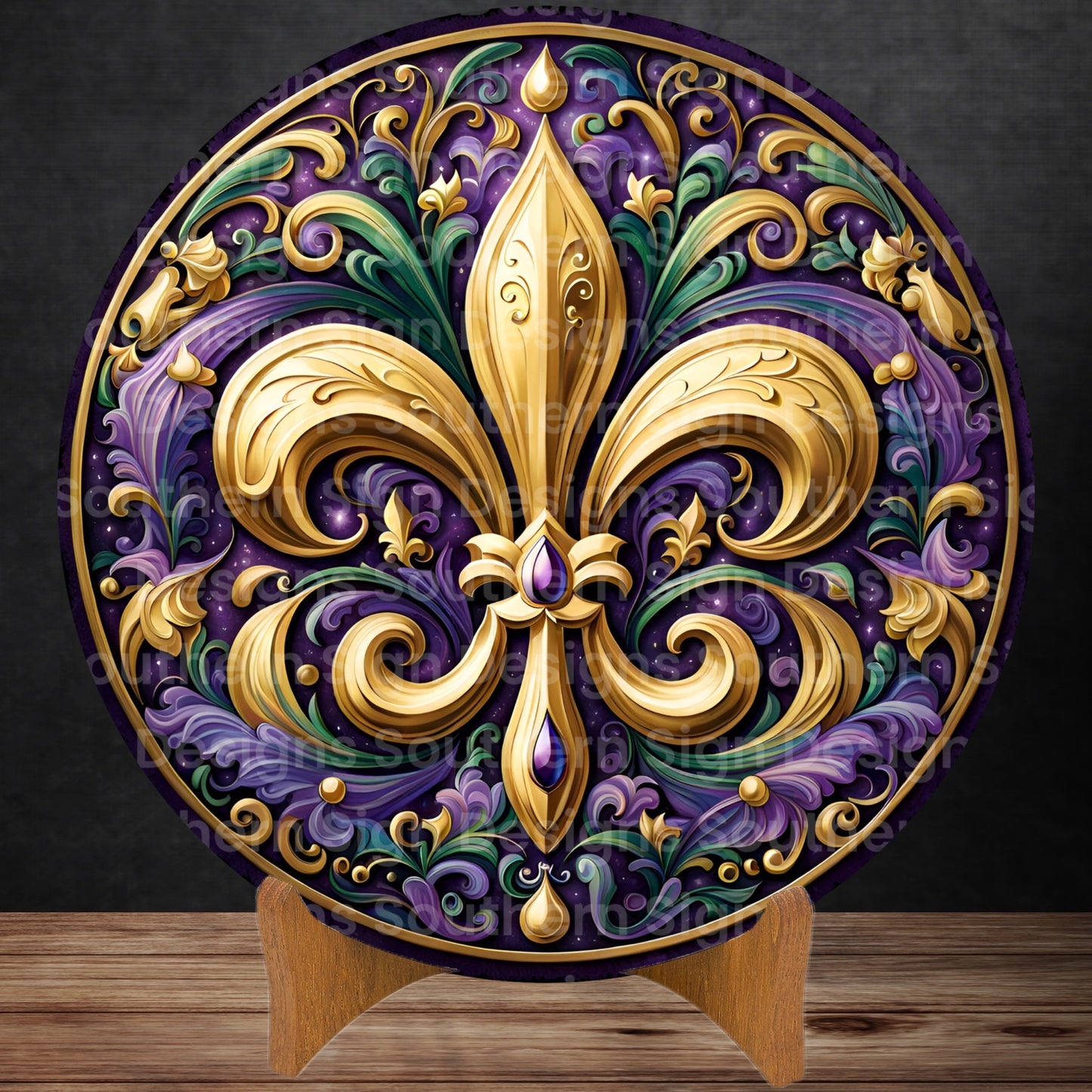 Gilded Fleur de Lis Mardi Gras Wreath Sign