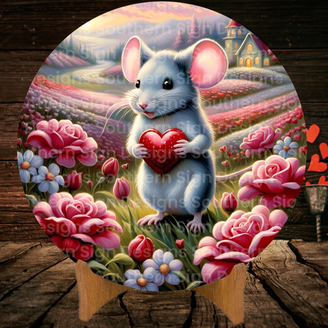 Cute Mouse Holding Heart Valentine Wreath Sign