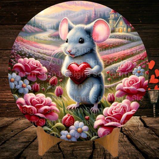 Cute Mouse Holding Heart Valentine Wreath Sign