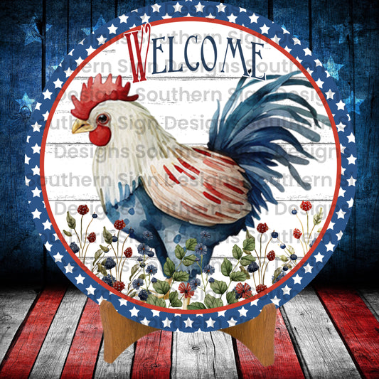 Patriotic Farmhouse Rooster Welcome 4th of July Wreath Sign