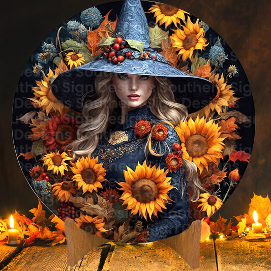 Caucasian Sunflower Autumn Witch Wreath Sign