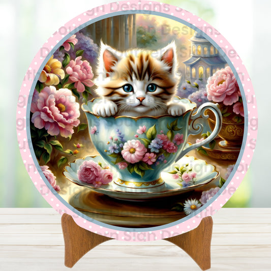 Kitten in a Teacup Spring Wreath Sign