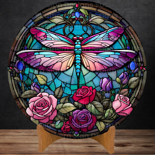 Stained Glass Dragonfly with Roses