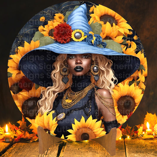 African American Sunflower Autumn Witch Wreath Sign
