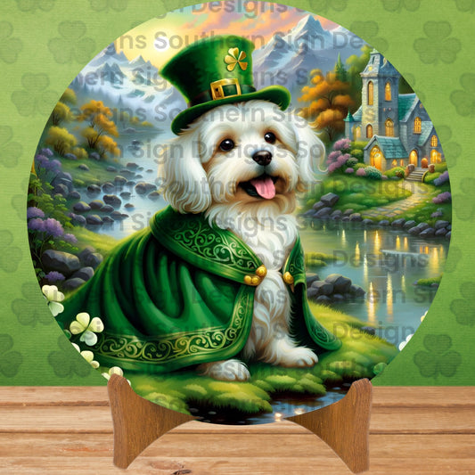 Fluffy White Puppy St Patrick’s Day Wreath Sign