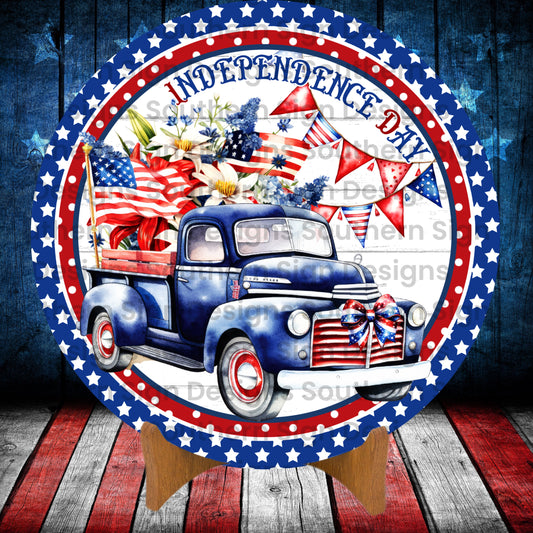 Independence Day Blue Vintage Truck 4th of July Wreath Sign