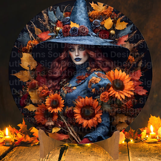 Caucasian Orange Autumn Flower Witch Wreath Sign