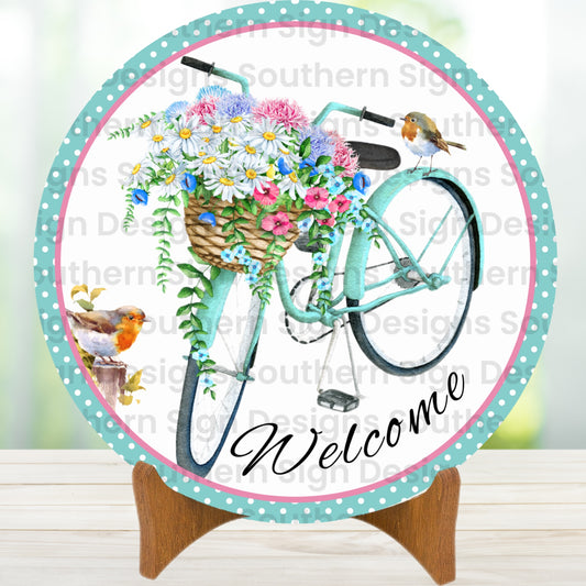 Teal Bicycle and Flowers Spring Wreath Sign