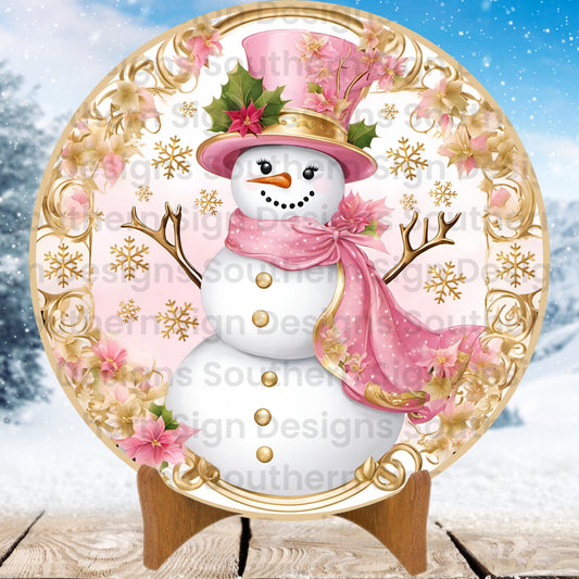 Pretty Pink Gilded Snow Lady Winter Wreath Sign