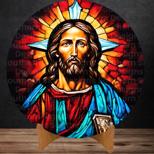 Stained Glass Caucasian Jesus the Teacher Wreath Sign