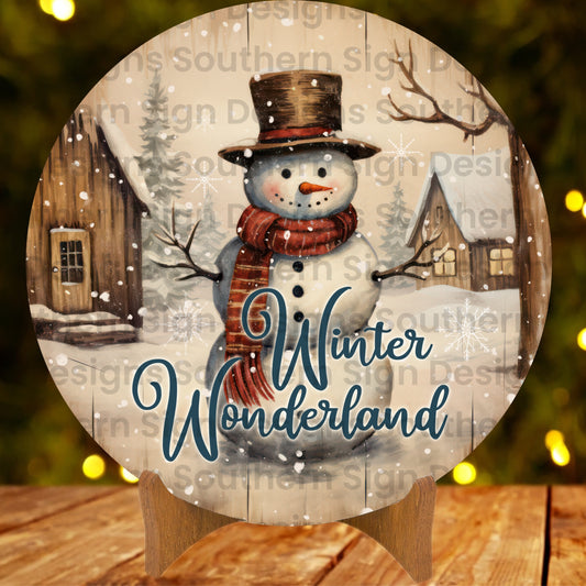 Rustic Weathered Wood Winter Wonderland Snowman Winter Wreath Signs