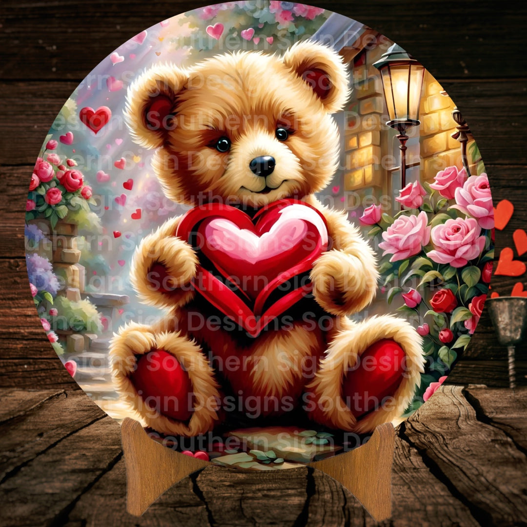 Sweet Teddy Bear Holding Heart Valentine Wreath Sign