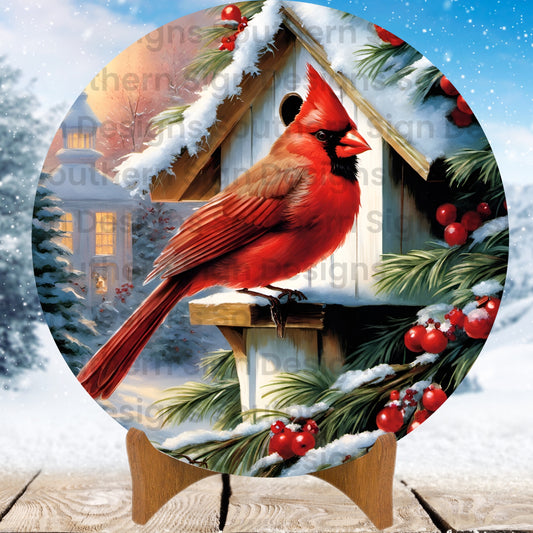 Regal Winter Cardinal & Birdhouse Winter Wreath Sign