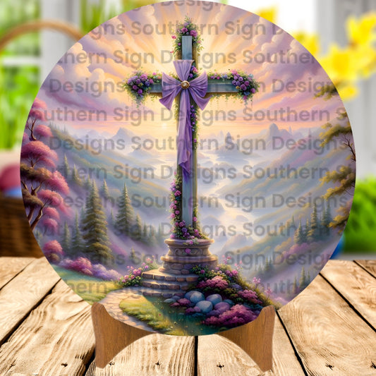 Purple Bow Cross Easter Wreath Sign