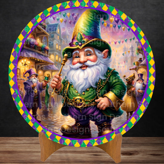 Festive Gnome Mardi Gras Wreath Sign