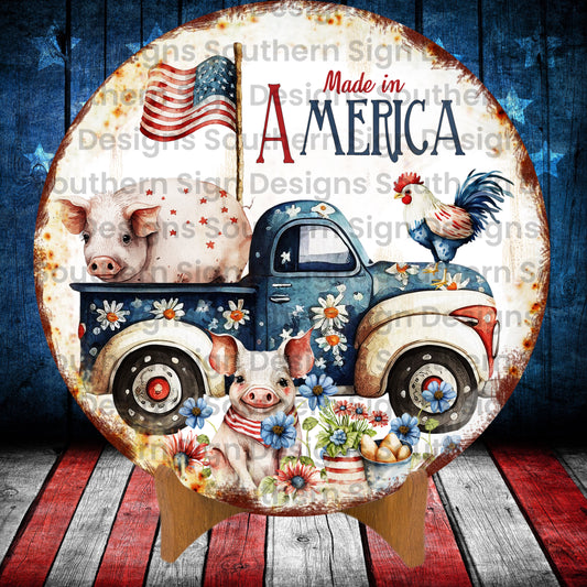 Patriotic Vintage Truck with Farm Animals 4th of July Wreath Sign