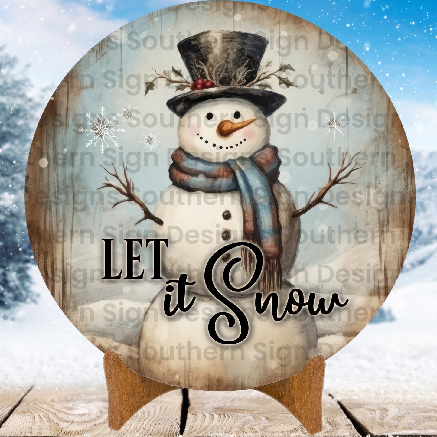 Rustic Weathered Wood Let It Snow Snowman Winter Wreath Sign