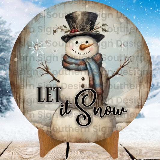Rustic Weathered Wood Let It Snow Snowman Winter Wreath Sign