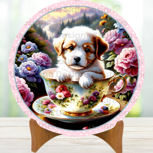 Puppy in a Teacup Spring Wreath Sign