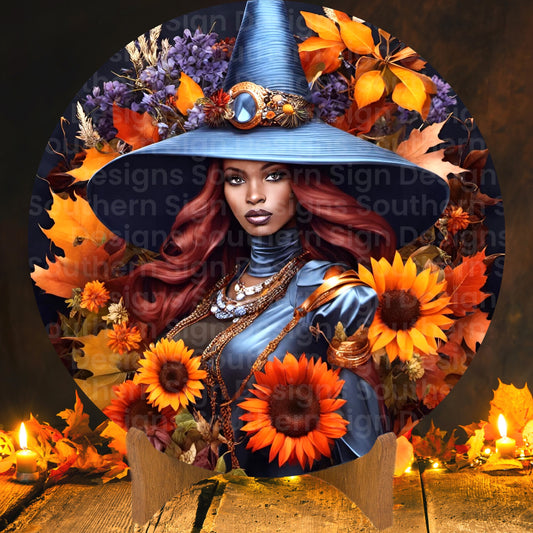 African American Orange Autumn Flower Witch Wreath Sign