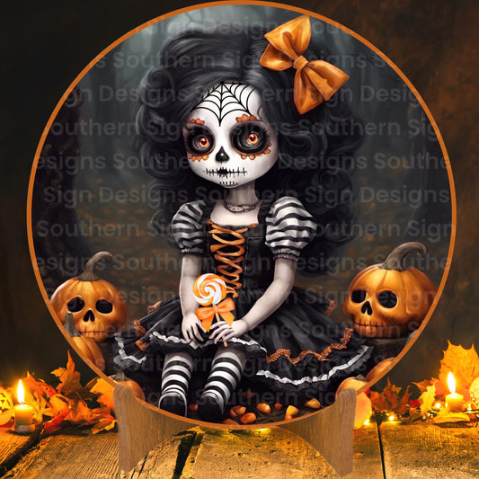 Spooky Lollipop Doll Halloween Wreath Sign