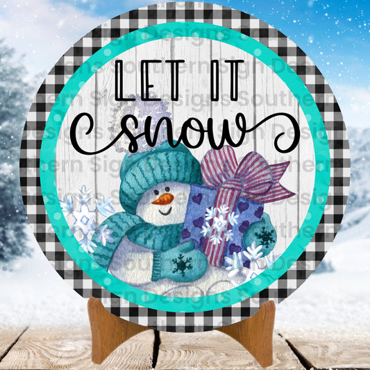 Teal Let It Snow Buffalo Plaid Border Winter Wreath Sign