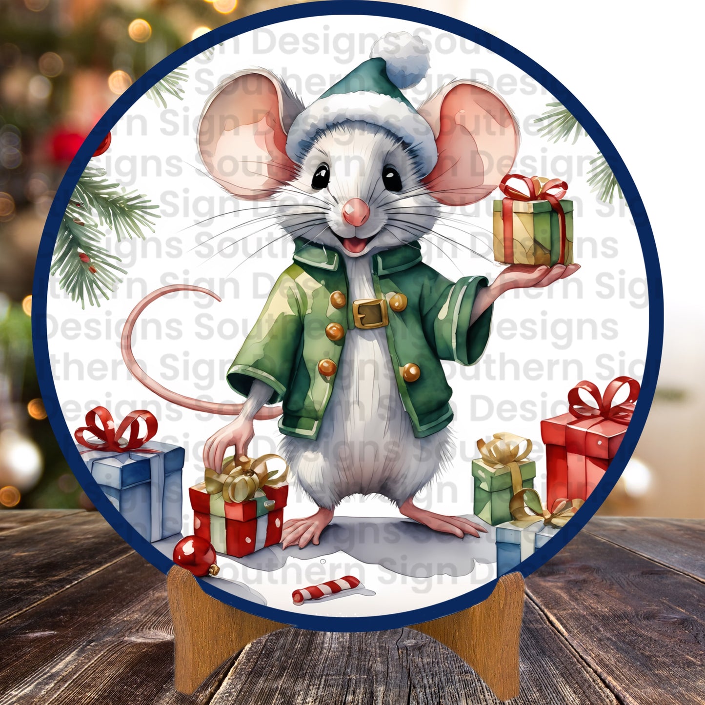 Cute Mouse Opening Gifts Christmas Wreath Sign