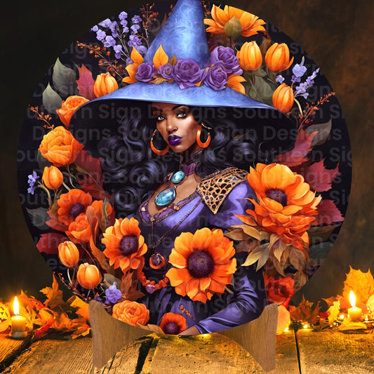 African American Purple Autumn Flower Witch Wreath Sign