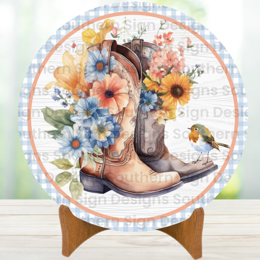 Cowboy Boots and Flowers Spring Wreath Sign
