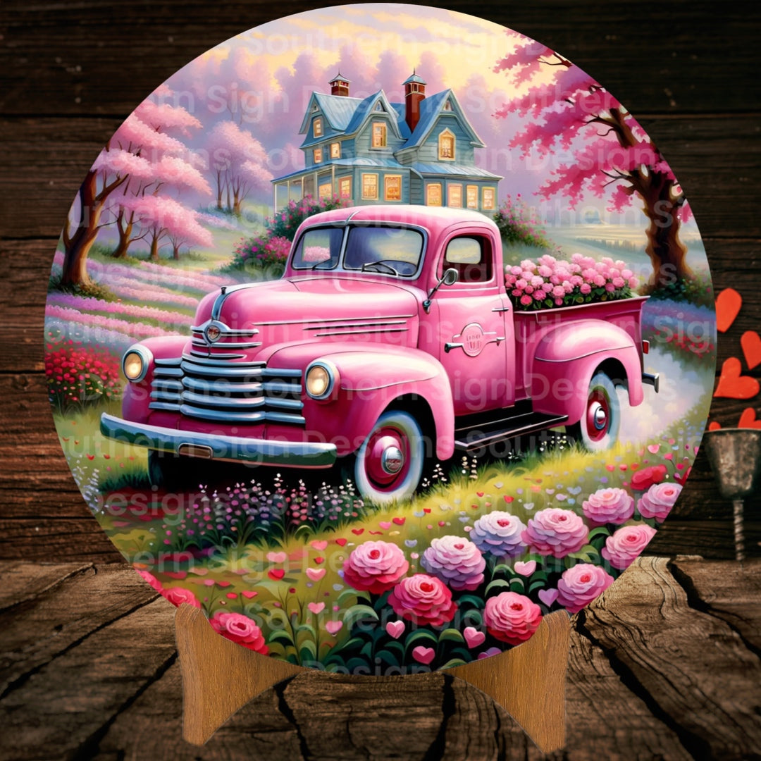 Pink Vintage Truck Valentine Wreath Sign