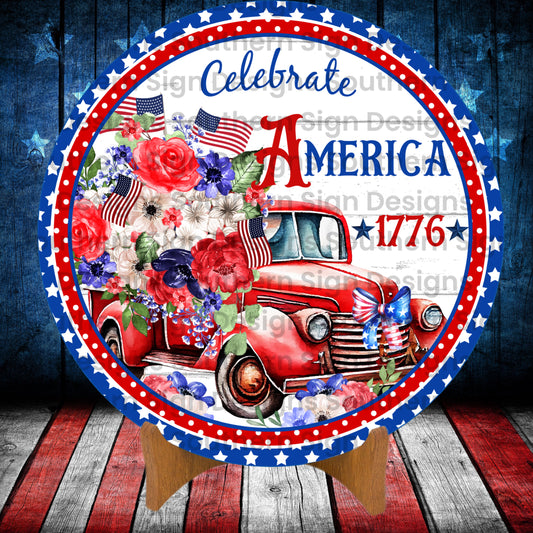 Celebrate America Red Vintage Truck 4th of July Wreath Sign