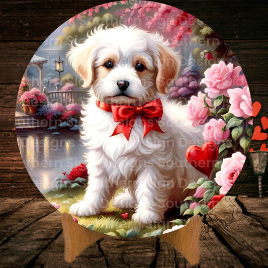 White Fluffy Puppy Valentine Wreath Sign