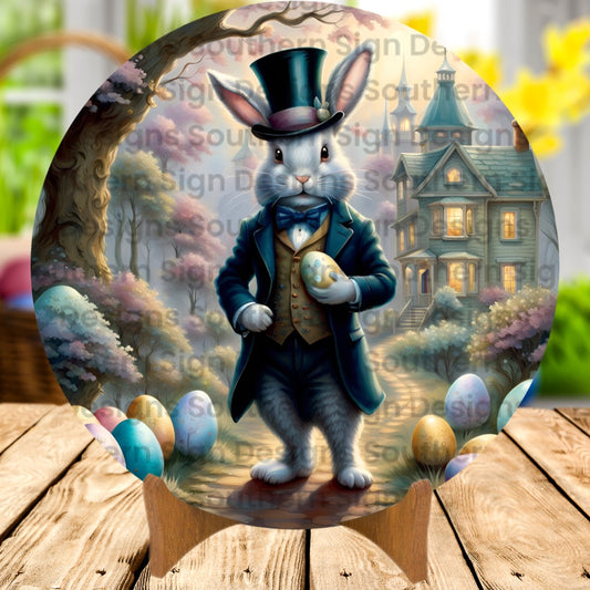 Blue Suit Bunny Easter Wreath Sign
