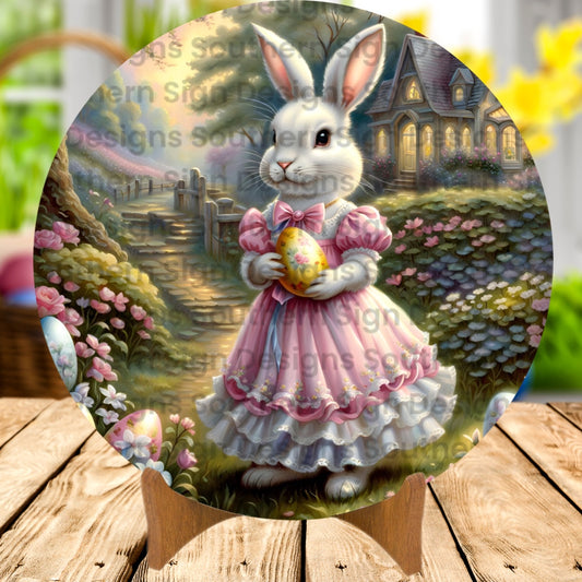 Pink Dress Bunny Easter Wreath Sign