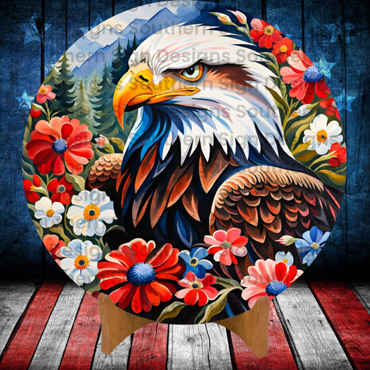 Patriotic Eagle and Flowers 4th of July Wreath Sign