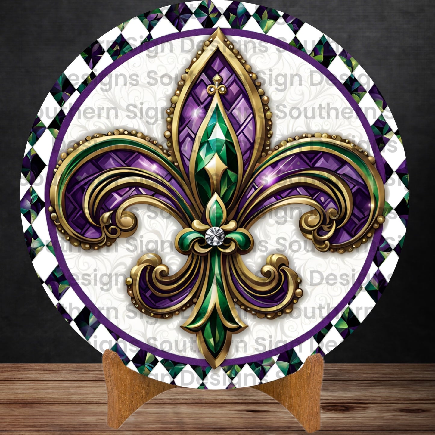 Jeweled Fleur de Lis Mardi Gras Wreath Sign