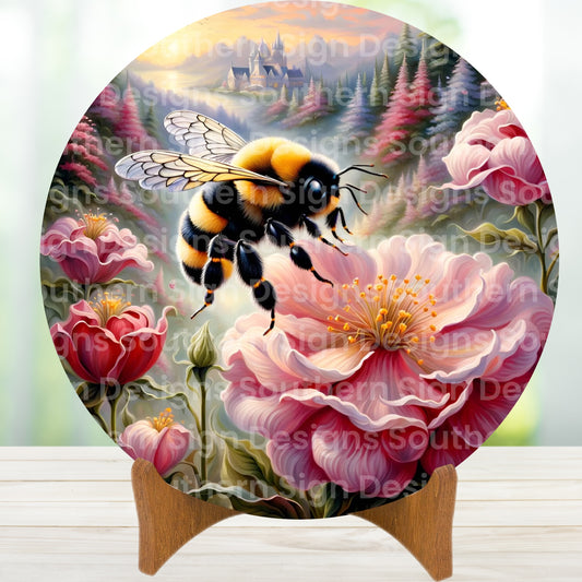 Honeybee and Pink Flower Spring Wreath Sign
