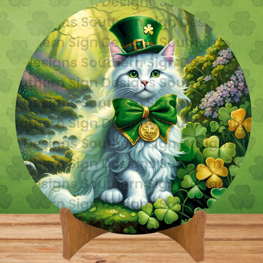 Fluffy White Cat St Patrick’s Day Wreath Sign