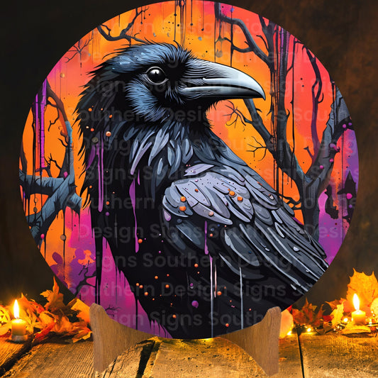 Colorful Raven Halloween Wreath Sign